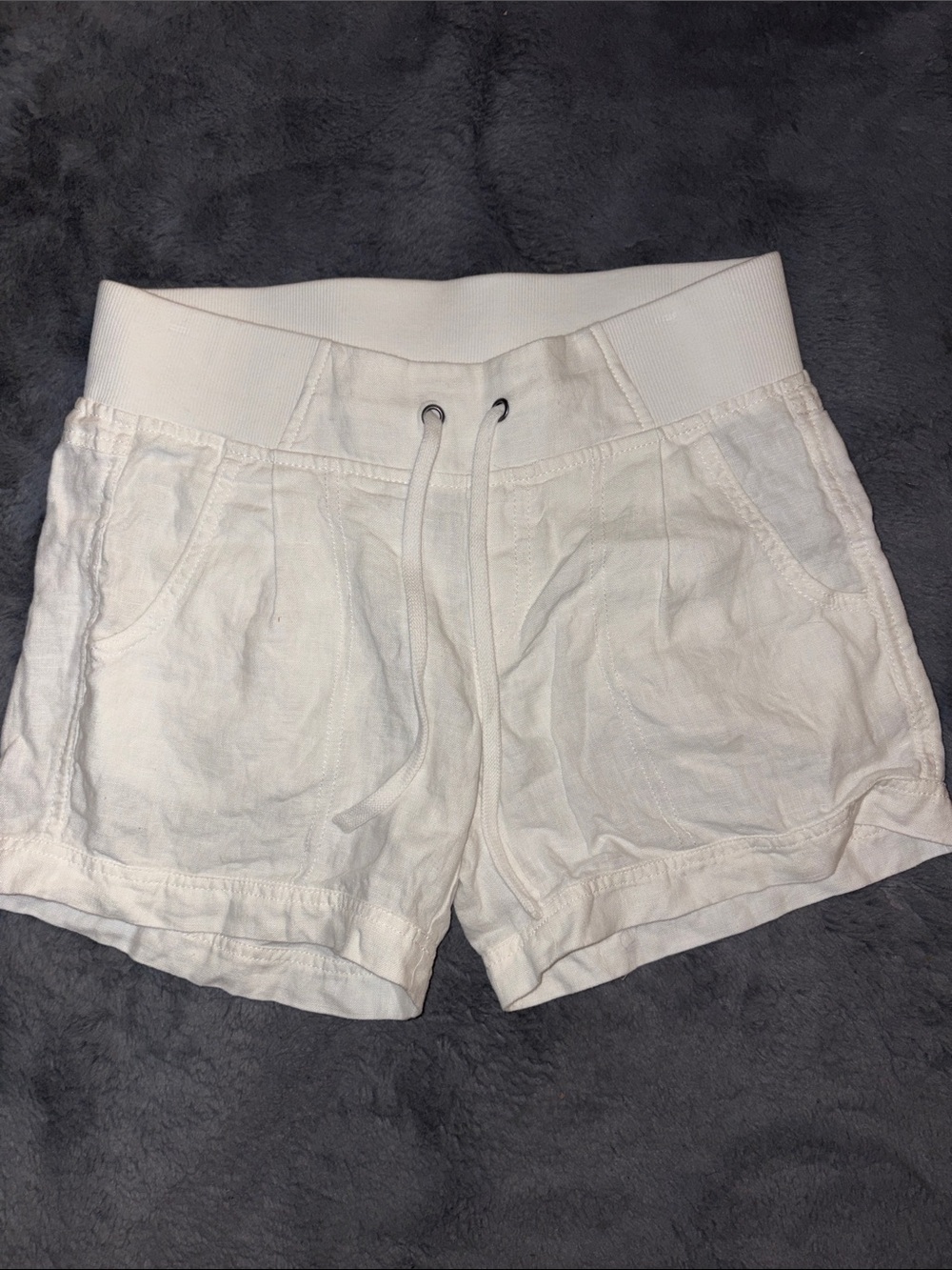 Athleta 100% Linen White Rib-Waist Drawstring Athletic Shorts